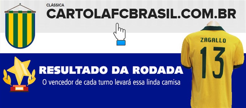 Mostraremos a cada rodada do Cartola FC o resultado parcial e a classificação dos cartoleiros que participam da nossa liga. O vencedor de cada turno levará uma Camisa da Seleção Retrô Zagallo