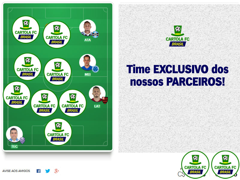Equipe com foco principal da equipe do Cartola FC Brasil. Time exclusivo dos nossos parceiros com escalação visando os nossos principais objetivos: pontuar e mitar!