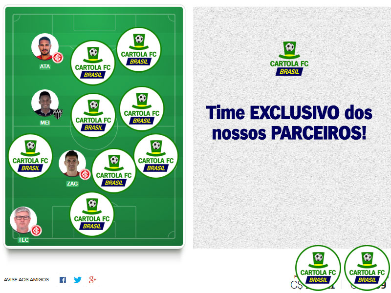 Equipe com foco principal da equipe do Cartola FC Brasil. Time exclusivo dos nossos parceiros com escalação visando os nossos principais objetivos: pontuar e mitar!