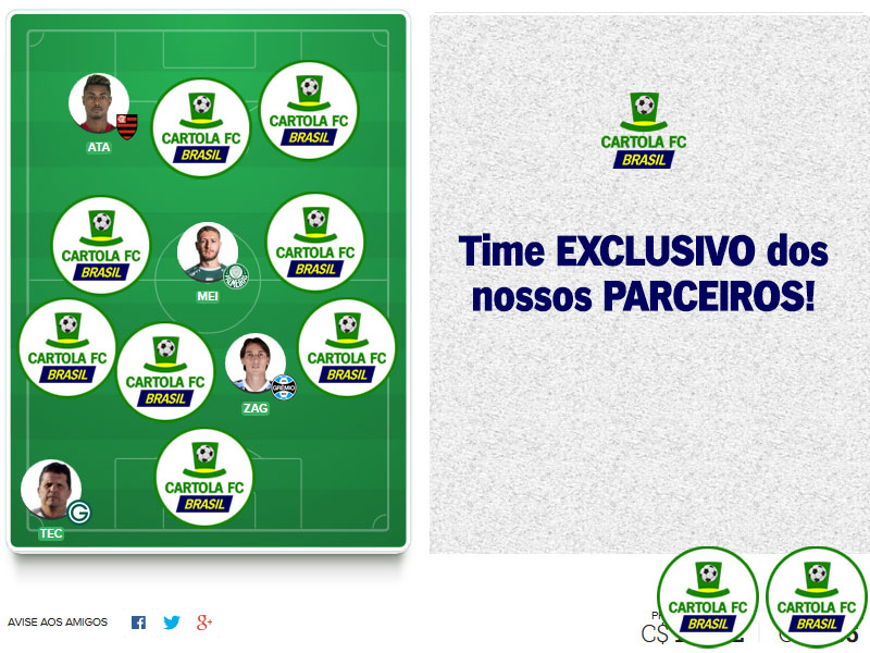 Time dos Parças #8 Equipe com foco principal da equipe do Cartola FC Brasil. Time exclusivo dos nossos parceiros com escalação visando os nossos principais objetivos: pontuar e mitar!