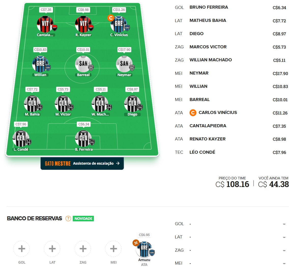 Time para disputas rápidas / ligas por rodada, com o objetivo de ser o maior pontuador e faturar toda a premiação. Confira o time base e as apostas para mitar na rodada #38 do Cartola 2025